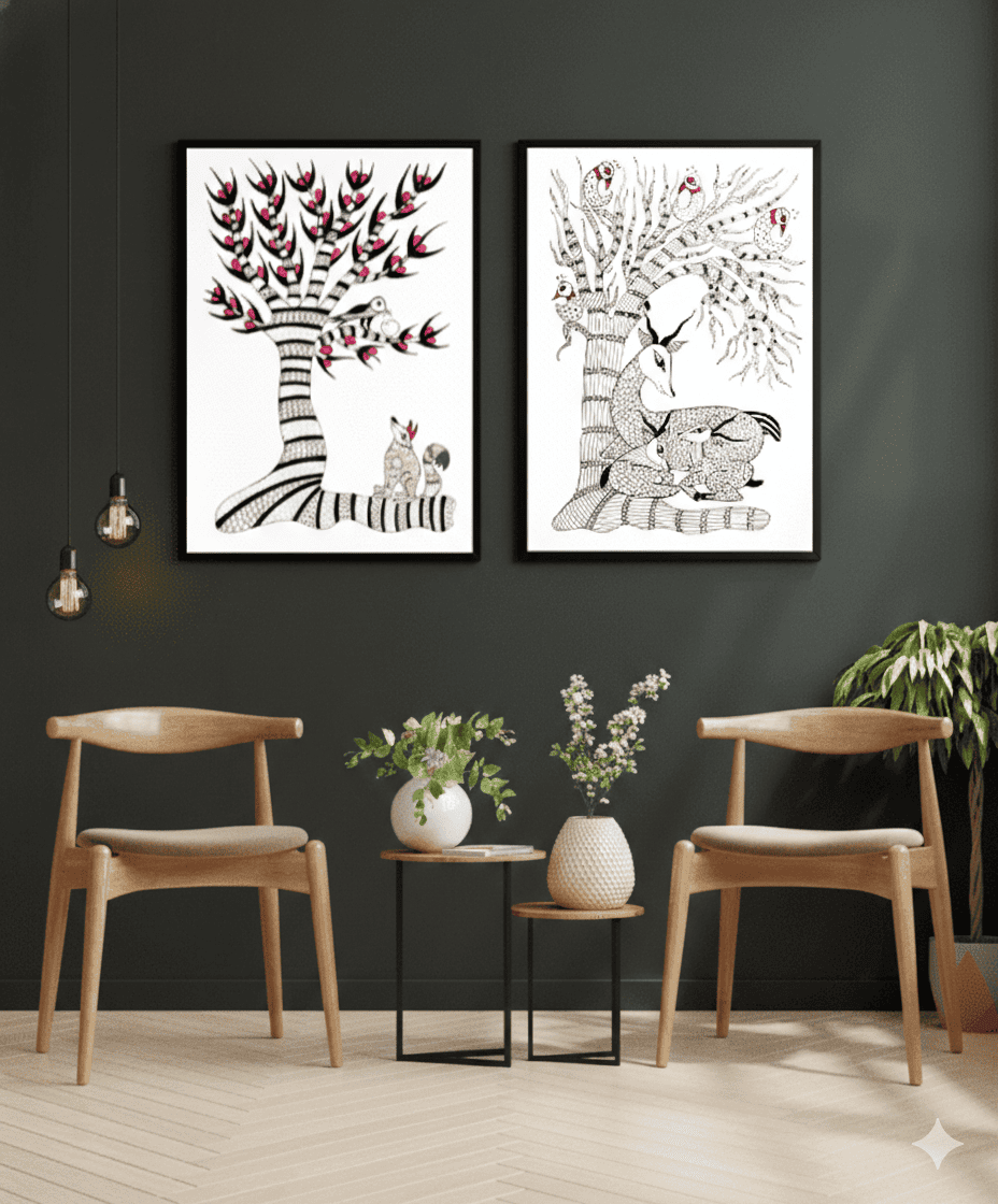 Gond Art, Peacock Gond Art, Large Gond Painting, Tribal Peacock Art, Handmade Tribal Art, Indian Tribal Painting, Jungle Theme Art, Large Wall Art, Ethnic Wall Decor, Colourful Gond Art, Statement Wall Art