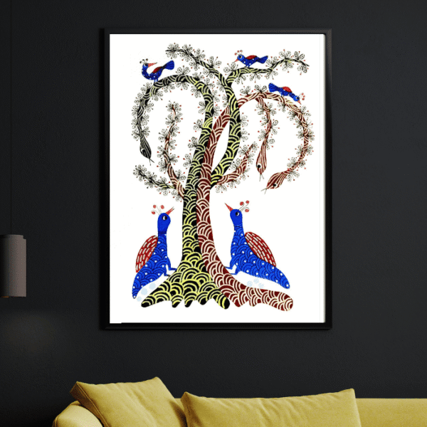 Gond Peacock with Tree Art, Handmade Tribal Multicolour Wall Art (11.6x8.2 Inches)