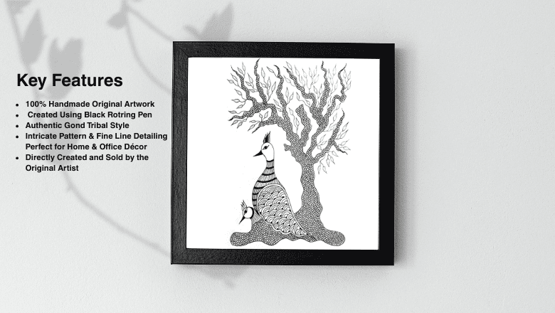 Gond Art, Peacock Art, Tribal Wall Art, Handmade Drawing, Indian Tribal Painting, Ethnic Home Décor, Black Pen Art, Traditional Art India, Nature Inspired Artwork, Office Wall Art