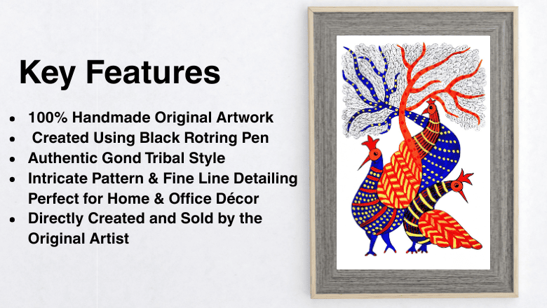 Peacock and Tree Gond Art Painting | Handmade Tribal Wall Art