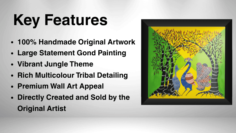 Peacocks in Jungle is a large, vibrant handmade Gond tribal artwork created using Rotring pen and rich natural colours. This nature-inspired composition captures the beauty of peacocks in a lush forest setting — perfect for living room statement décor and premium interiors.