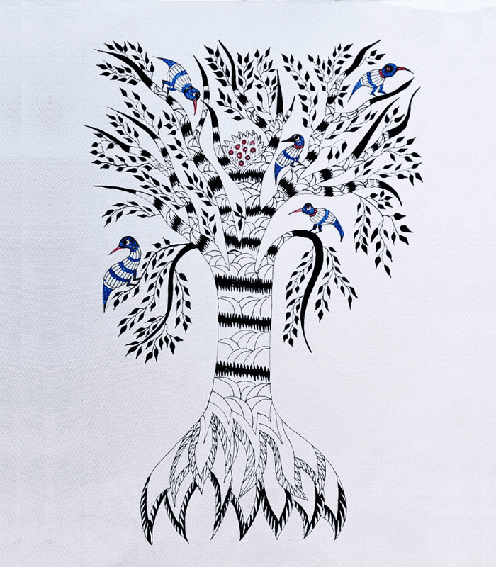 Bird with Egg Gond Art Drawing | Handmade Tribal Wall Art