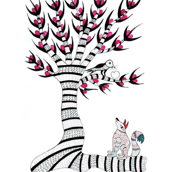 Crow and Fox Gond Art Drawing | Handmade Tribal Wall Art
