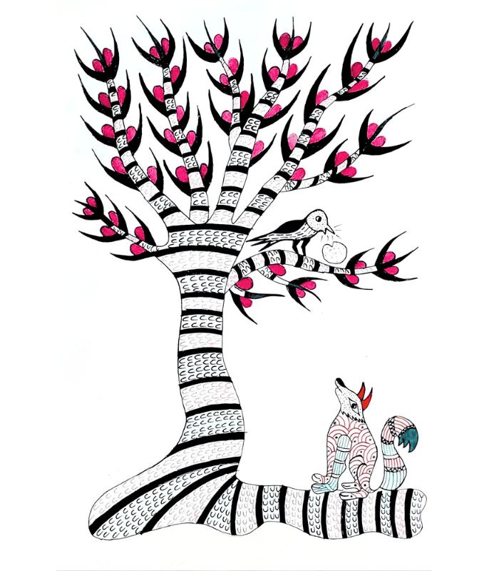 Crow and Fox Gond Art Drawing | Handmade Tribal Wall Art