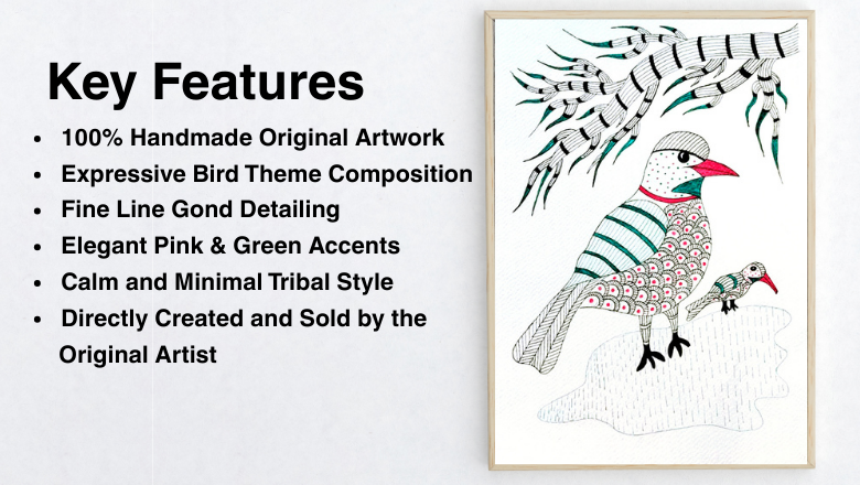 Pigeon Thinking Gond Art Drawing | Handmade Tribal Bird Art