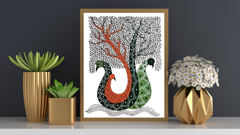 Peacock Family with Tree | Handmade Gond Art Painting