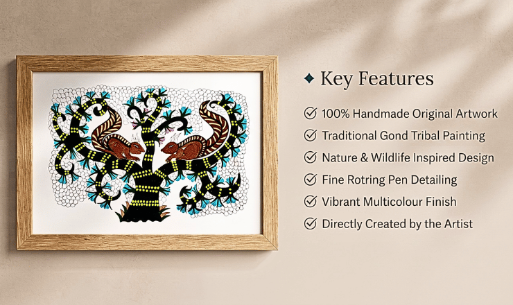 Squirrel Gond Art, Two Squirrels Painting, Gond Art Painting, Handmade Gond Art, Tribal Wall Art, Nature Wall Art, Tree Painting, Wildlife Gond Art, Indian Tribal Art, Handmade Wall Decor, Living Room Wall Art, Office Wall Art, Original Artwork, Kalarekha, Rupa Goswami, Traditional Indian Art, Animal Art, Ethnic Home Decor