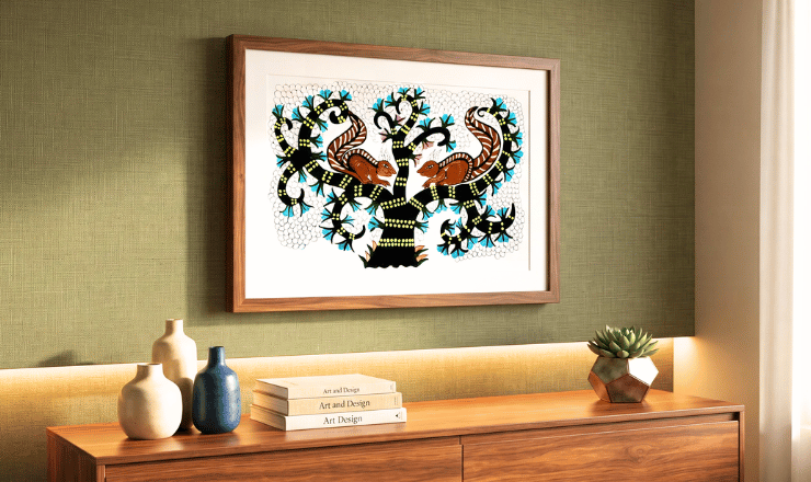 Squirrel Gond Art, Two Squirrels Painting, Gond Art Painting, Handmade Gond Art, Tribal Wall Art, Nature Wall Art, Tree Painting, Wildlife Gond Art, Indian Tribal Art, Handmade Wall Decor, Living Room Wall Art, Office Wall Art, Original Artwork, Kalarekha, Rupa Goswami, Traditional Indian Art, Animal Art, Ethnic Home Decor
