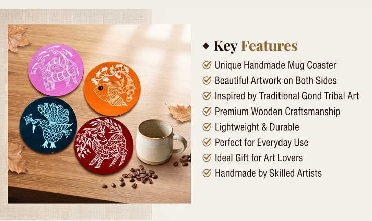 Buy handmade Gond Art wooden mug coasters featuring authentic tribal artwork. Premium 5×5 inch drink coasters perfect for tea, coffee mugs, dining tables, office desks, and gifting.