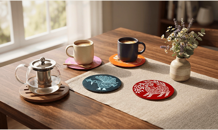 Buy handmade Gond Art wooden mug coasters featuring authentic tribal artwork. Premium 5×5 inch drink coasters perfect for tea, coffee mugs, dining tables, office desks, and gifting.