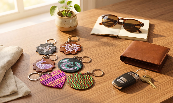 Buy a handmade Gond Art Wooden Keyring Set of 6 featuring double-sided tribal designs. Unique handcrafted keychains perfect for gifting, souvenirs, bags, and everyday use.