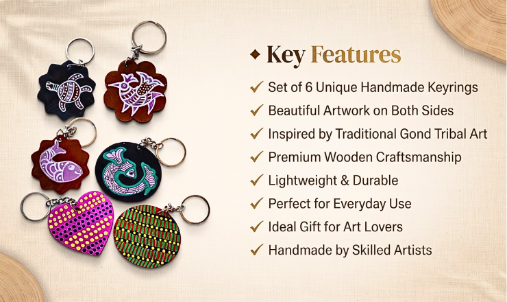Buy a handmade Gond Art Wooden Keyring Set of 6 featuring double-sided tribal designs. Unique handcrafted keychains perfect for gifting, souvenirs, bags, and everyday use.