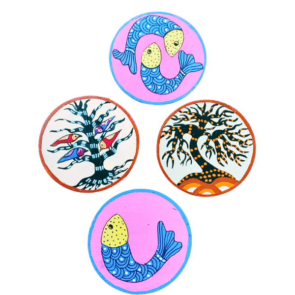 Handmade Gond Art Tea Coaster Set of 4 | Wooden Tribal Coasters