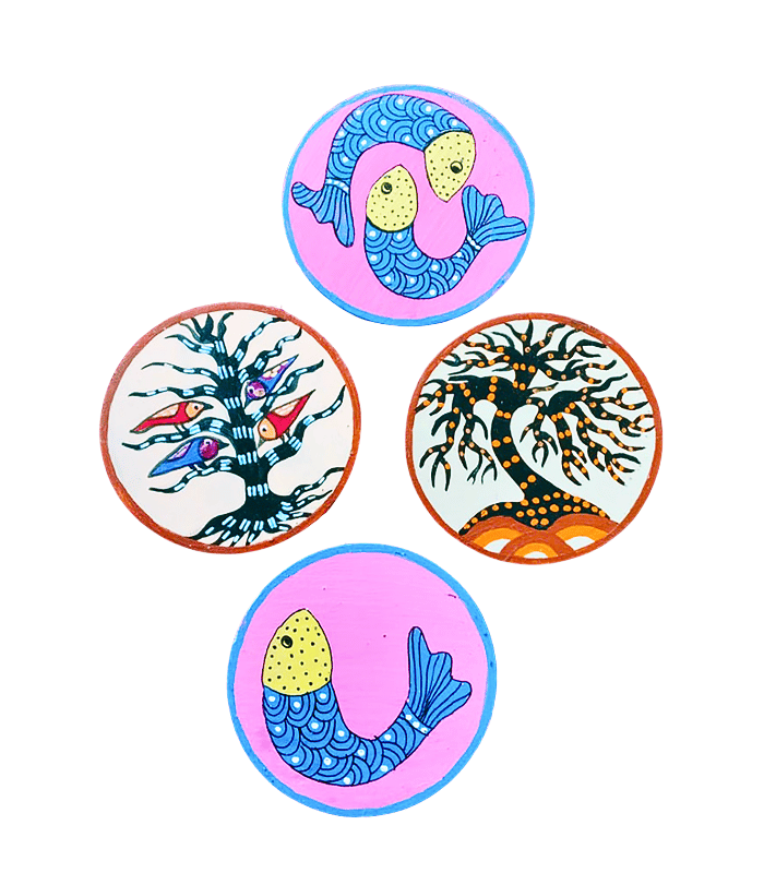 Handmade Gond Art Tea Coaster Set of 4 | Wooden Tribal Coasters