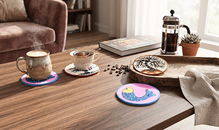 Buy Handmade Gond Art Tea Coaster Set of 4. Premium wooden coasters featuring authentic tribal artwork, perfect for tea, coffee mugs, dining tables, office desks, and thoughtful gifting.