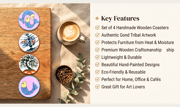 Buy Handmade Gond Art Tea Coaster Set of 4. Premium wooden coasters featuring authentic tribal artwork, perfect for tea, coffee mugs, dining tables, office desks, and thoughtful gifting.