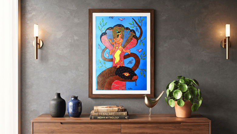 Kaliya Naag Daman, Krishna Gond Art, Lord Krishna Painting, Gond Art Painting, Handmade Gond Art, Tribal Wall Art, Indian Mythology Art, Spiritual Wall Decor, Krishna Wall Art, Handmade Tribal Painting, Religious Artwork, Living Room Wall Decor, Prayer Room Art, Original Artwork, Kalarekha, Rupa Goswami, Traditional Indian Art, Cultural Wall Art, Ethnic Home Decor