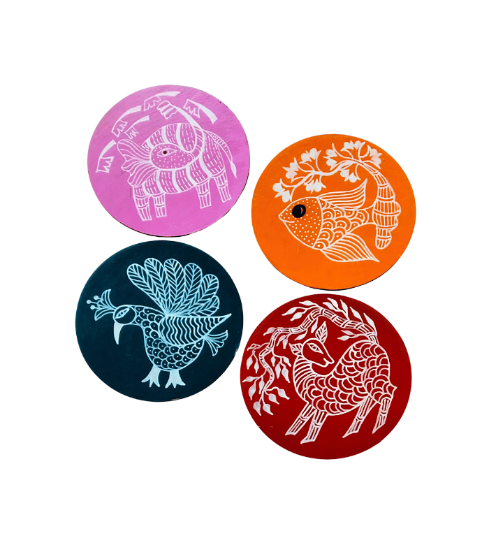 Protect your table in style with our Handmade Gond Art Wooden Mug Coaster. Beautifully handcrafted with authentic Gond-inspired artwork, each coaster combines functionality with traditional Indian tribal art, making it a perfect addition to your home or workspace.