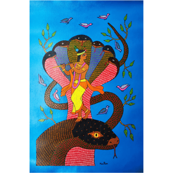 Kaliya Naag Daman, Krishna Gond Art, Lord Krishna Painting, Gond Art Painting, Handmade Gond Art, Tribal Wall Art, Indian Mythology Art, Spiritual Wall Decor, Krishna Wall Art, Handmade Tribal Painting, Religious Artwork, Living Room Wall Decor, Prayer Room Art, Original Artwork, Kalarekha, Rupa Goswami, Traditional Indian Art, Cultural Wall Art, Ethnic Home Decor