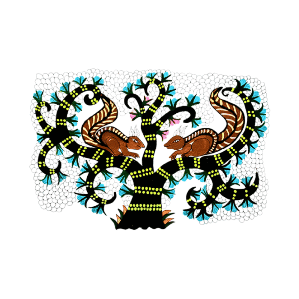 Squirrel Gond Art, Two Squirrels Painting, Gond Art Painting, Handmade Gond Art, Tribal Wall Art, Nature Wall Art, Tree Painting, Wildlife Gond Art, Indian Tribal Art, Handmade Wall Decor, Living Room Wall Art, Office Wall Art, Original Artwork, Kalarekha, Rupa Goswami, Traditional Indian Art, Animal Art, Ethnic Home Decor