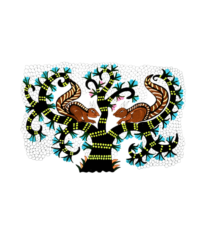 Squirrel Gond Art, Two Squirrels Painting, Gond Art Painting, Handmade Gond Art, Tribal Wall Art, Nature Wall Art, Tree Painting, Wildlife Gond Art, Indian Tribal Art, Handmade Wall Decor, Living Room Wall Art, Office Wall Art, Original Artwork, Kalarekha, Rupa Goswami, Traditional Indian Art, Animal Art, Ethnic Home Decor